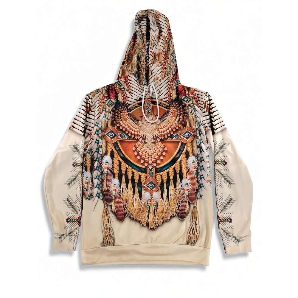 Boho Streetwear Mens 3D Owl Tribal Feather Print Pullover Hoodie Size S Poly